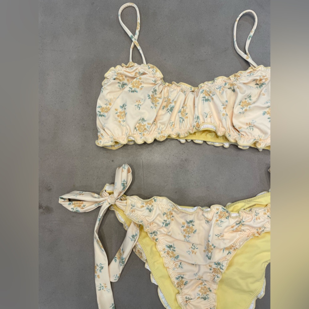 Frankie's Bikinis Floral Yellow and Cream Ruffle Bikini Set